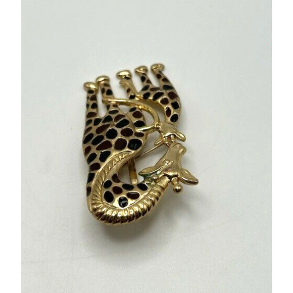 Vintage Gold Tone Black Brown Enamel Best Mother Giraffe Baby Calf Brooch Pin - Picture 4 of 13